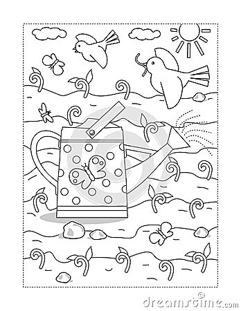 Spring and gardening coloring page with watering can, young sprouts, birds Vector Illustration